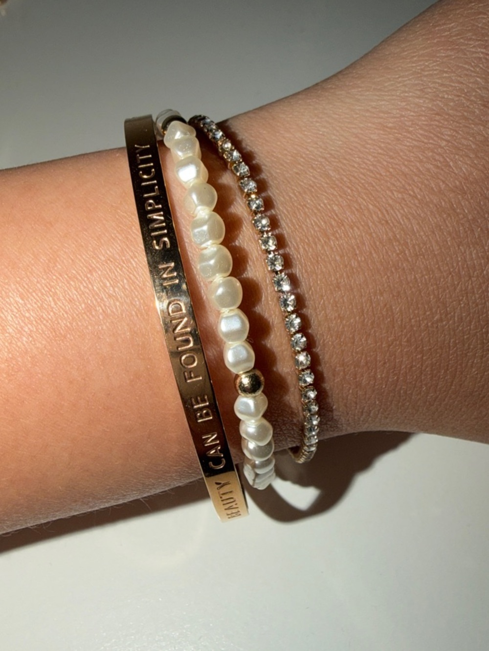 Gold Engraved Bangle Bracelet with White Pearls and Rhinestone tennis Chain Set